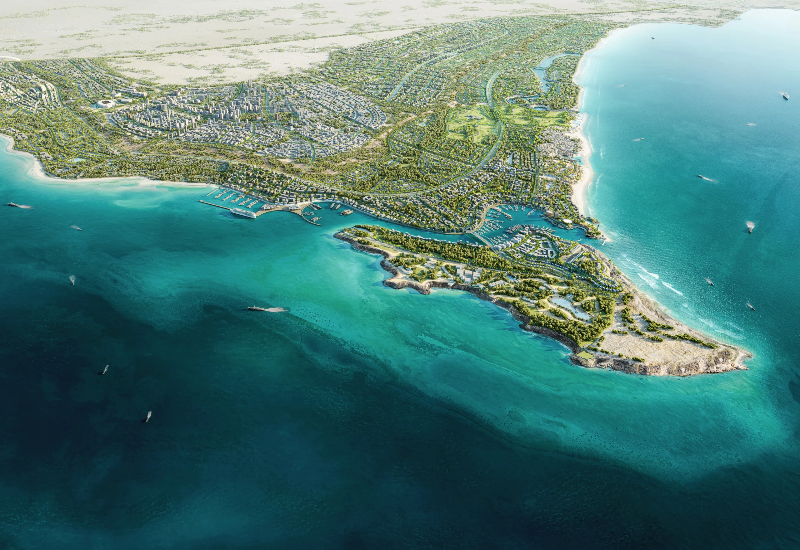 Aerial design illustration of the Ras El Hekma peninsula, with marinas, urban blocks, green corridors and lower-rise neighbourhoods.