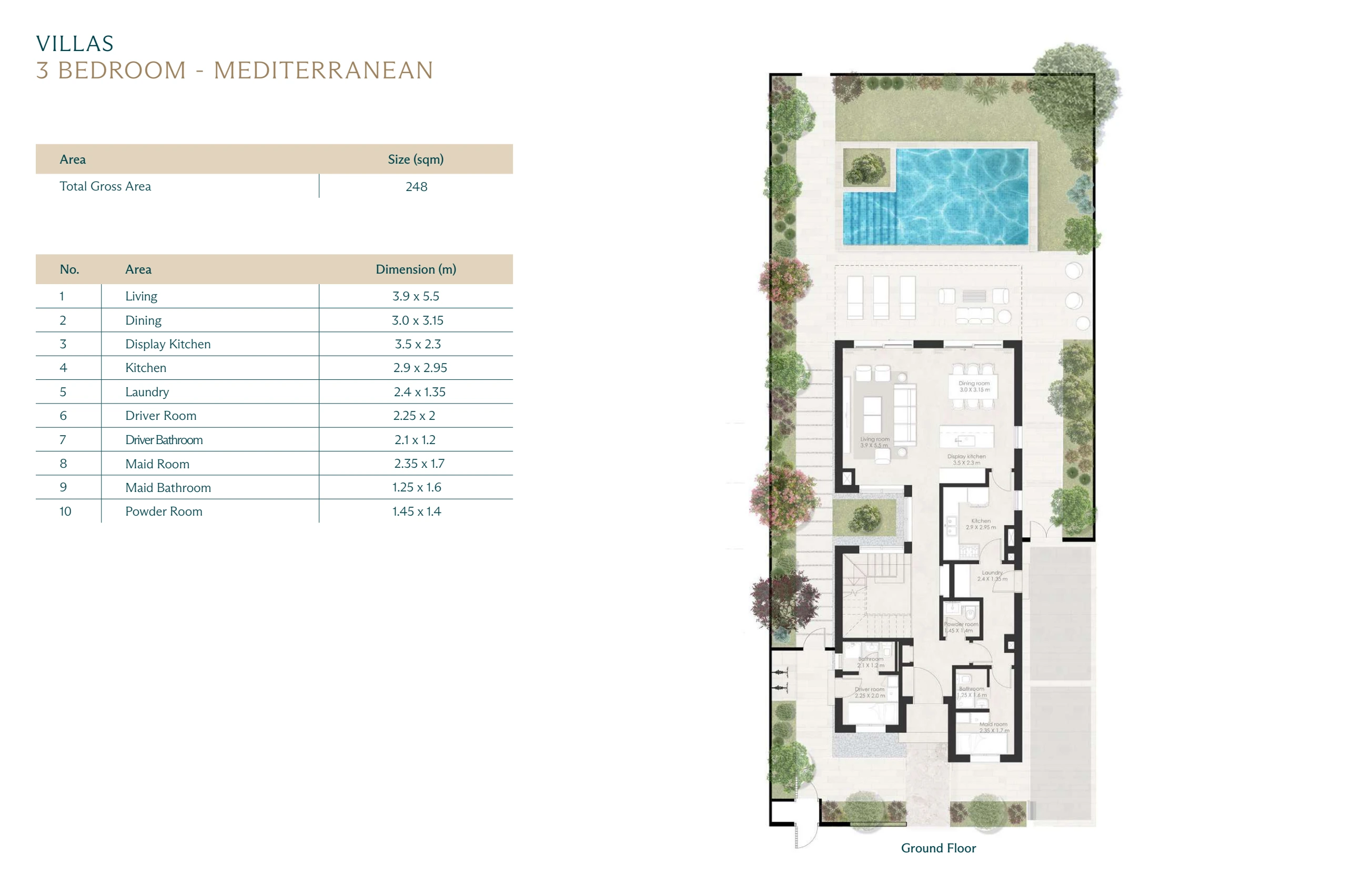 Wadi East villa · 3 bedrooms · Mediterranean · complete Ground floor source page with printed dimensions