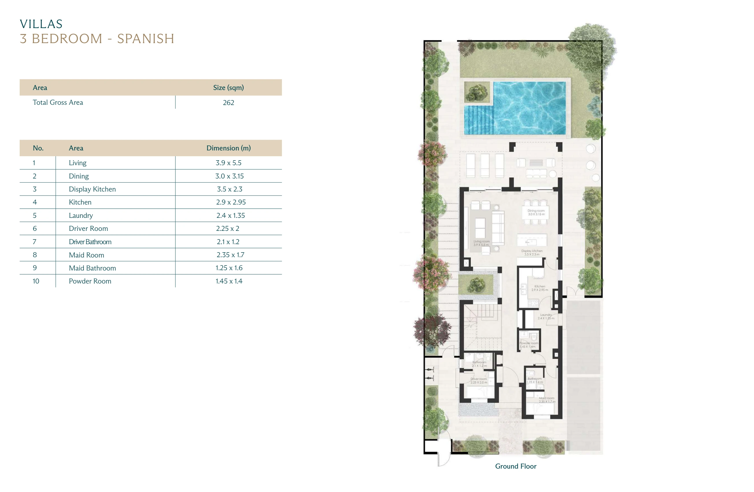 Wadi East villa · 3 bedrooms · Spanish · complete Ground floor source page with printed dimensions