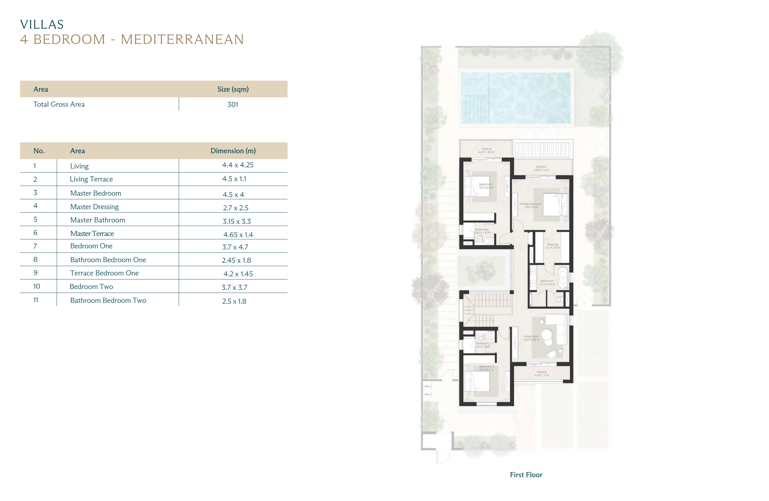 Wadi East villa · 4 bedrooms · Mediterranean · complete First floor source page with printed dimensions