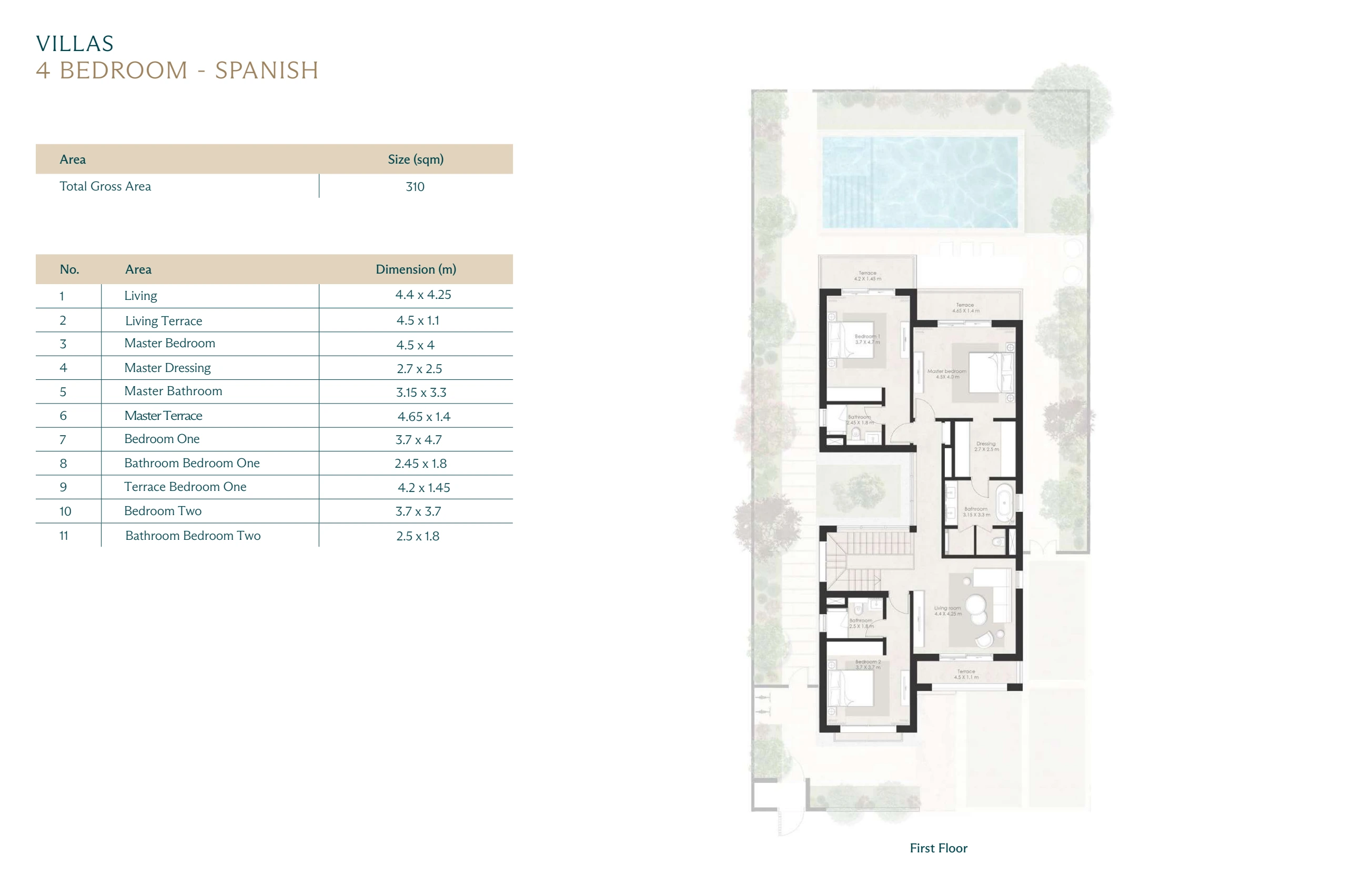 Wadi East villa · 4 bedrooms · Spanish · complete First floor source page with printed dimensions
