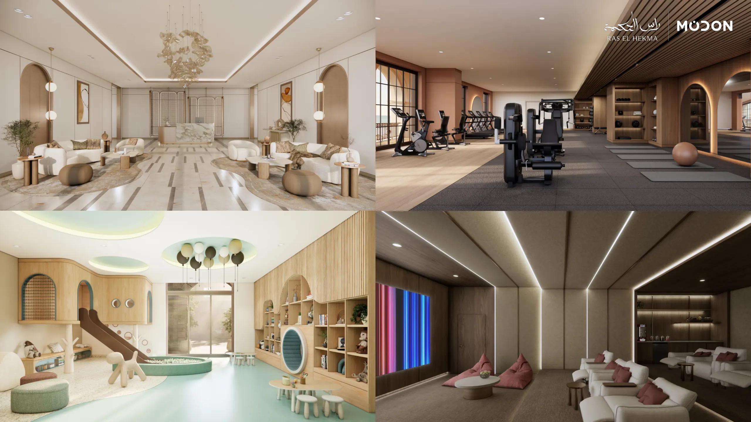 Four shared-space design scenes; complete original Modon design page