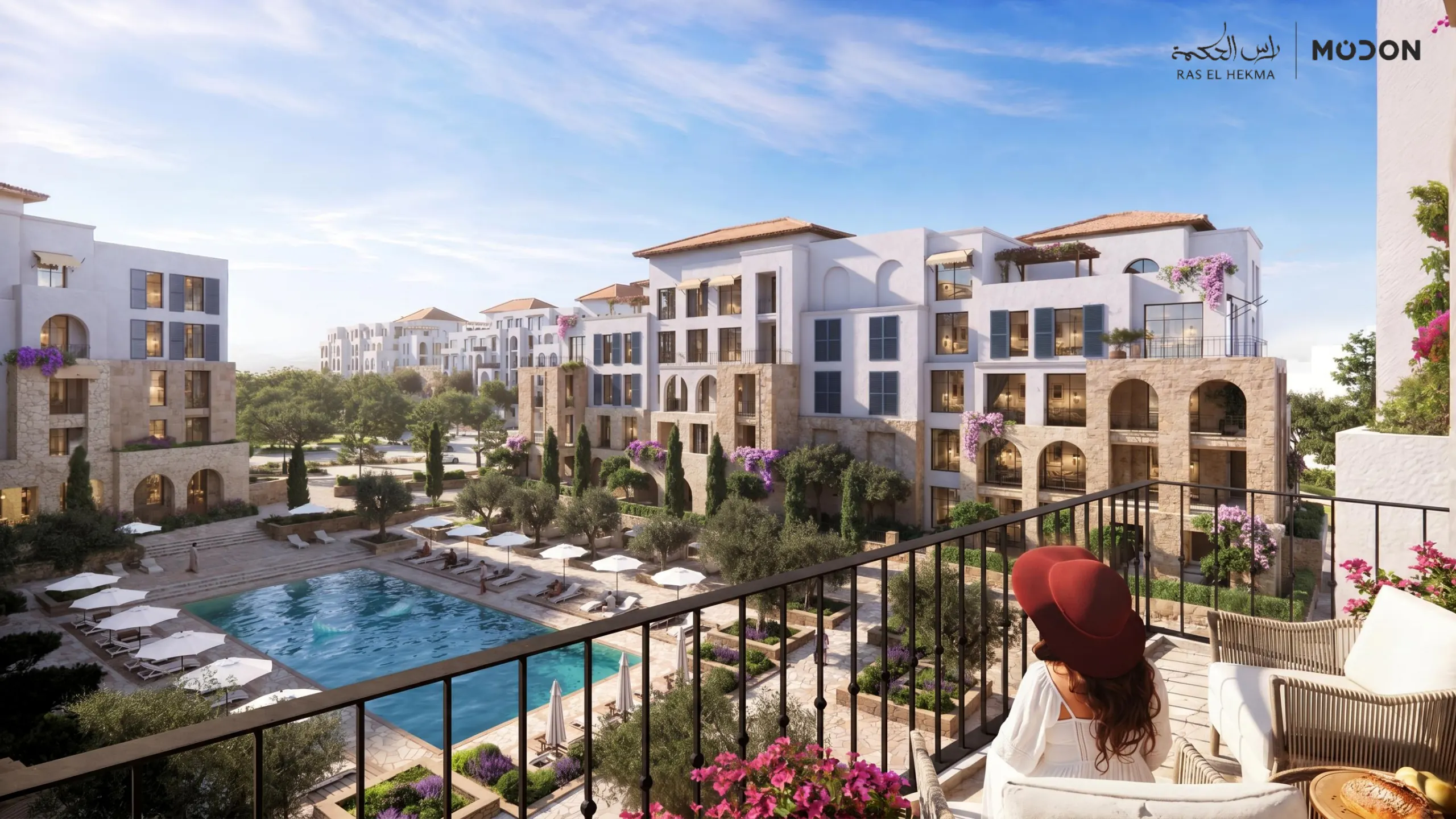 A terrace above a shared pool; complete original Modon design page