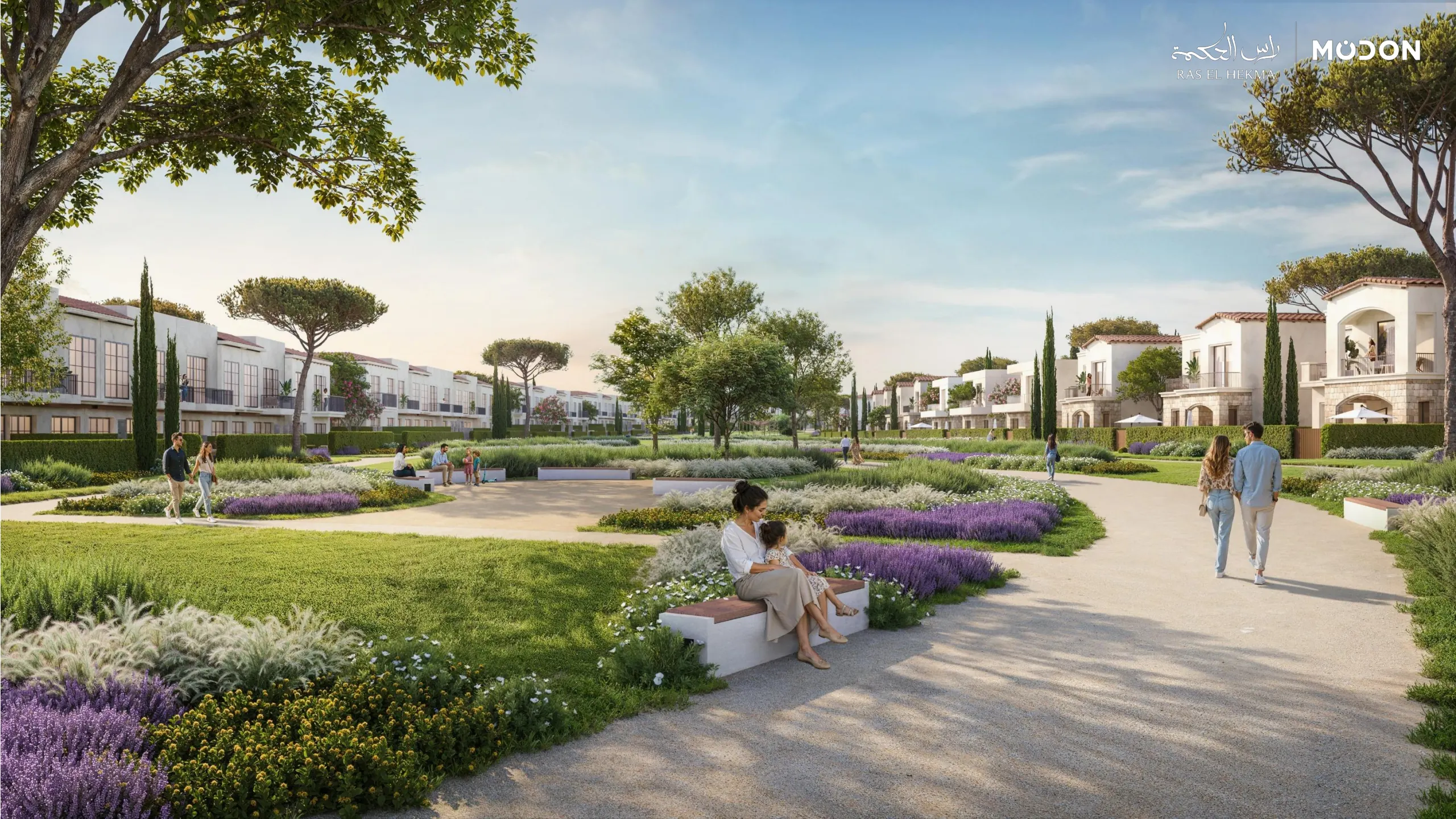 Planted space and outdoor seating; complete original Modon design page