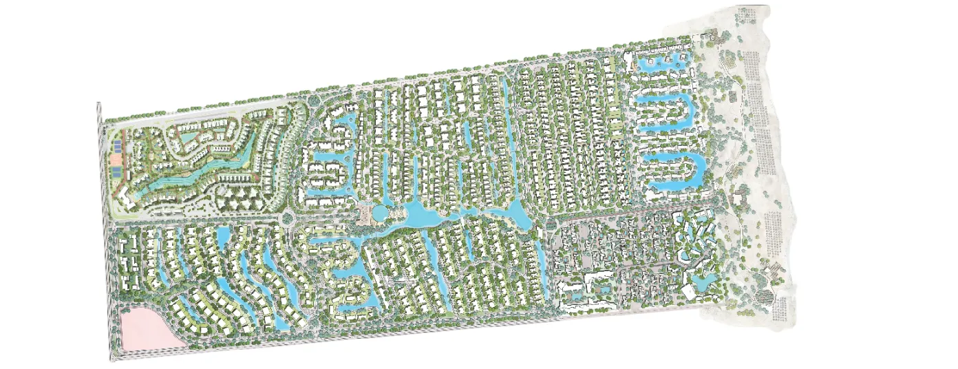 Unlabeled overhead plan, shore on right, buildings, roads and connected lagoons. Official page separately places seven interactive labels: The Gray Beach Hotel & Residences, LUMA, The Mediterranean Villas, The Waterfall Village, The Gray Laguna, GEO, LA7 Homes.