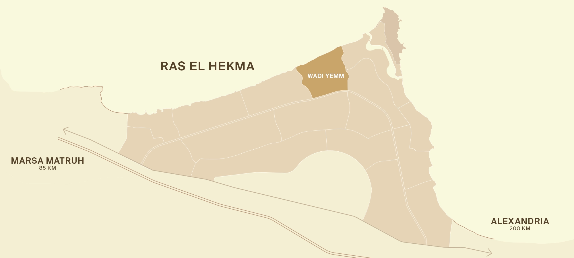 Modon’s published Ras El Hekma city diagram, showing internal divisions and Wadi Yemm highlighted in gold on the northern coast. The other areas have no names in this edition of the official map.